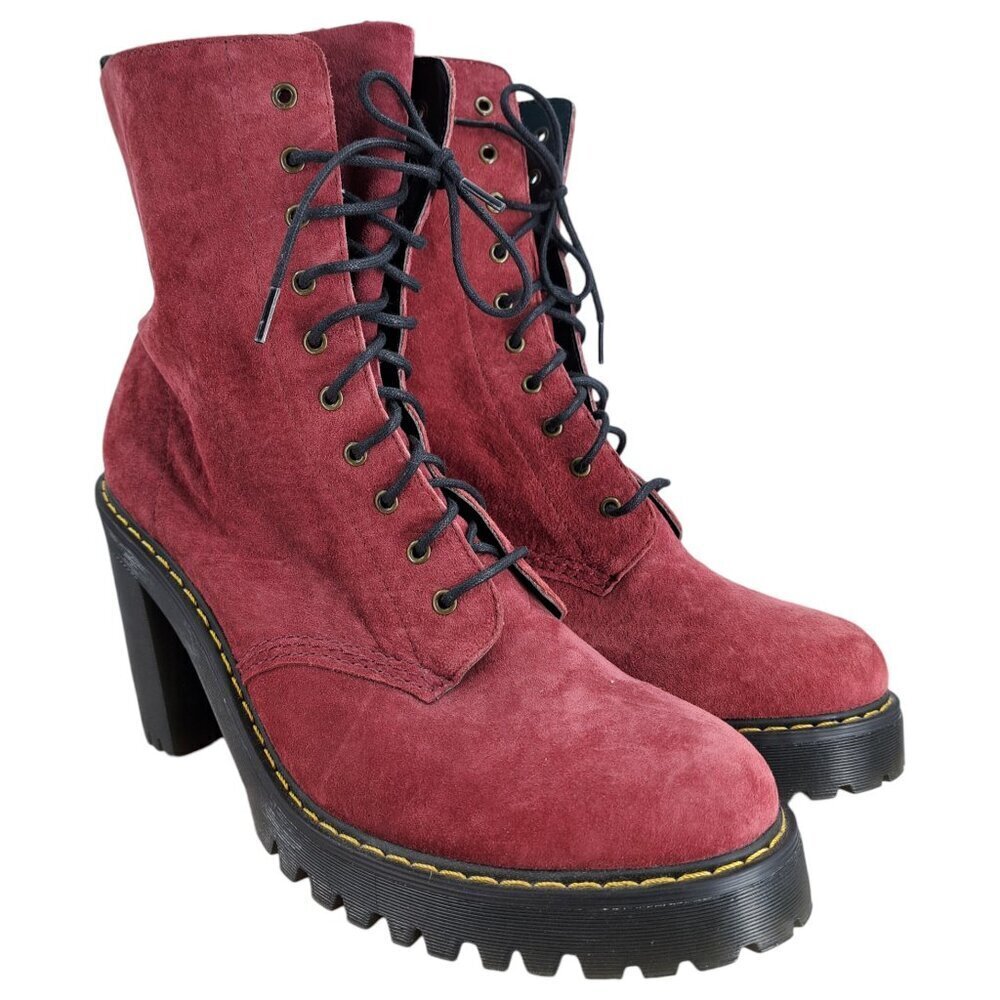 Dr Martens Kendra Platform Heeled Lace Up Boots Size 11 Wine Red Combat Leather